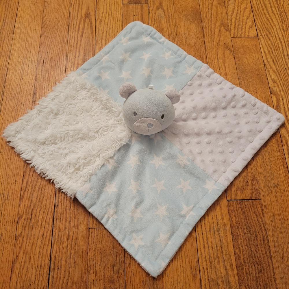 Baby Essentials Lovey Security Blanket Blue Bear Stars Minky Faux Fur Patchwork‎